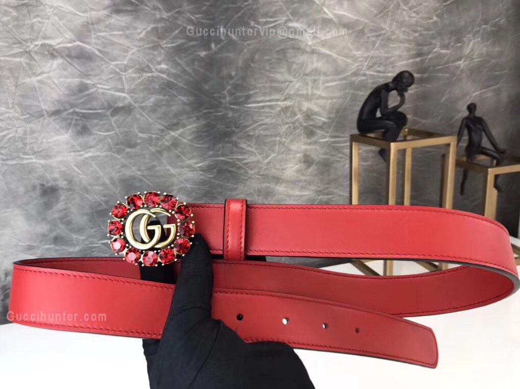 Gucci Red Leather Belt With Double G And Crystals 30mm